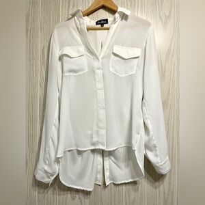 Sam Edelman Shirt Large White Riley Shoulder Zip Split Back Hi-Lo Hem Button